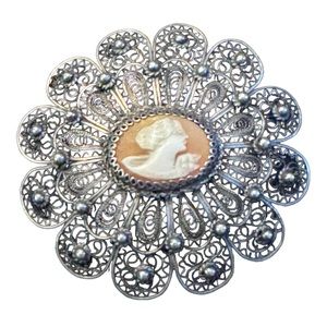 Vintage 1940s Filagree shell cameo fancy brooch 800 silver